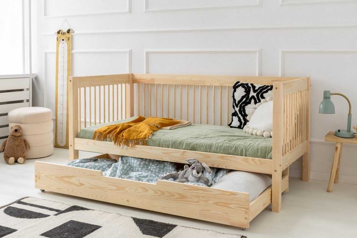 Lit enfant en bois Jules avec options barreaux ronds et tiroir pour lit d'appoint