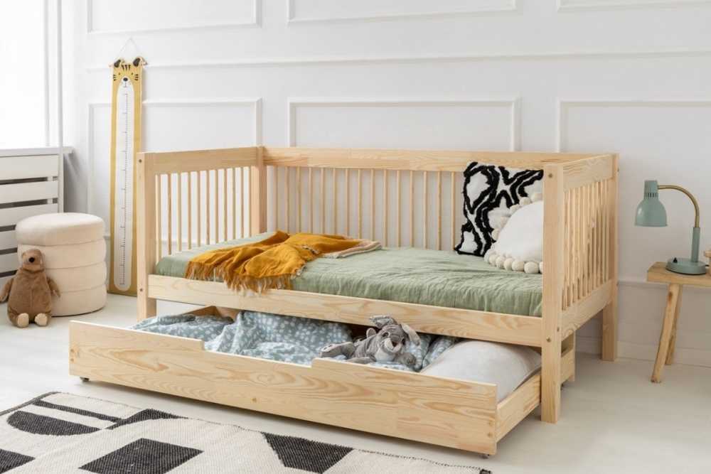 Lit enfant en bois Jules avec options barreaux ronds et tiroir pour lit d'appoint