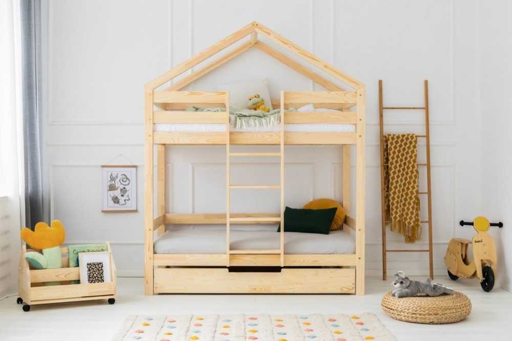 CALEB lit superposé maison enfant en bois de pin avec tiroir de rangement