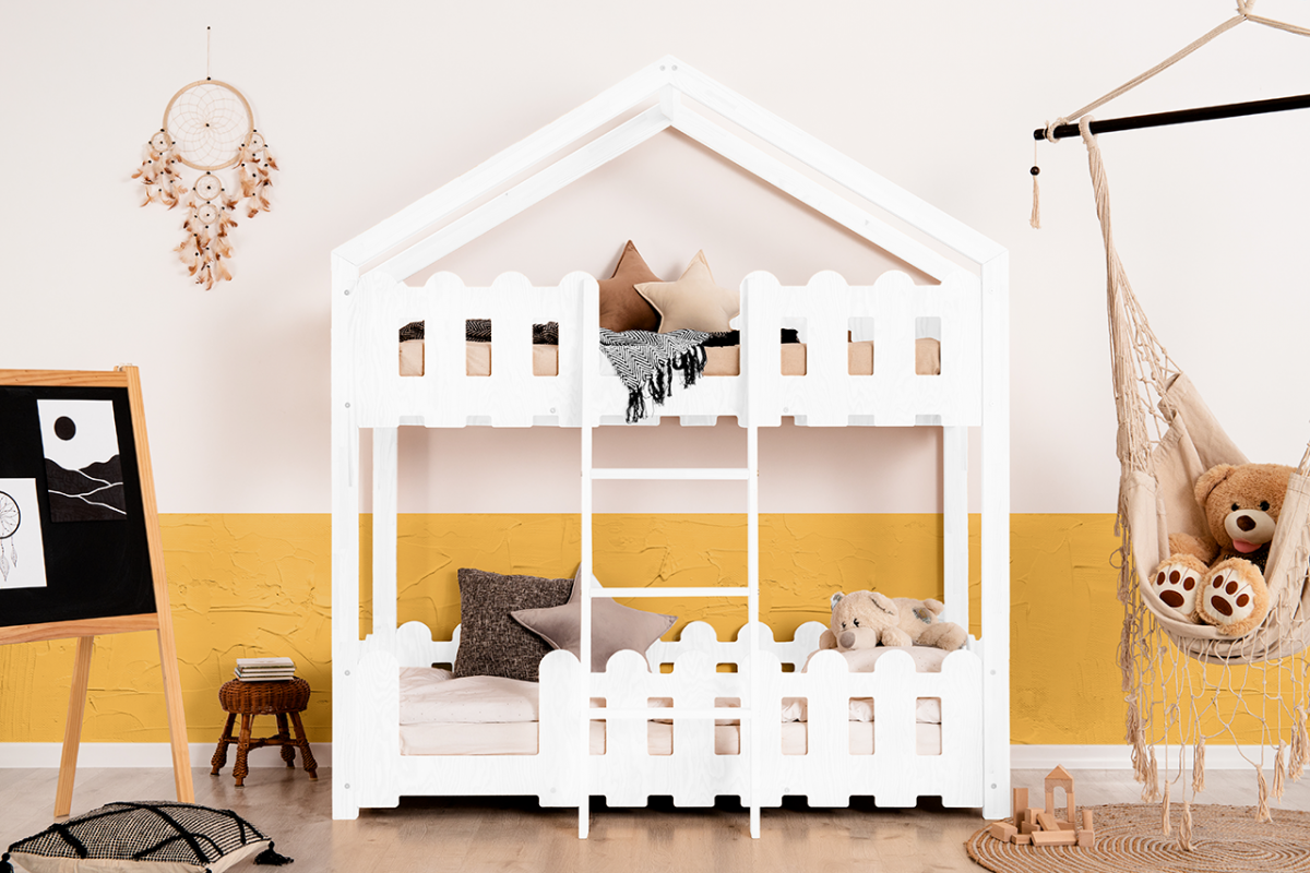 lit cabane superposé en contreplaqué de pin pour enfant blanc