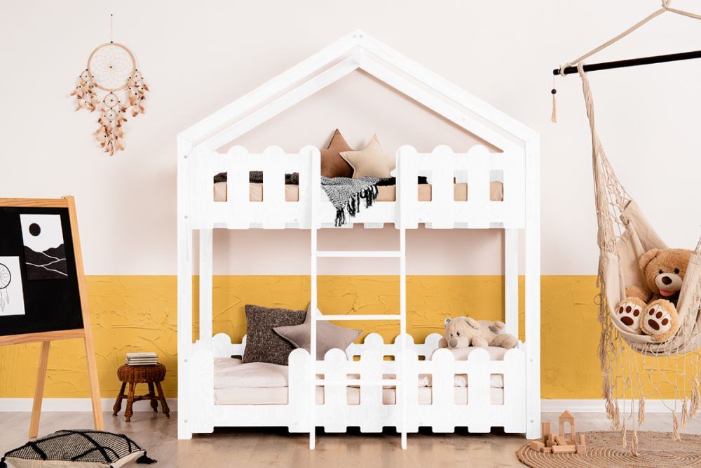 lit cabane superposé en contreplaqué de pin pour enfant blanc