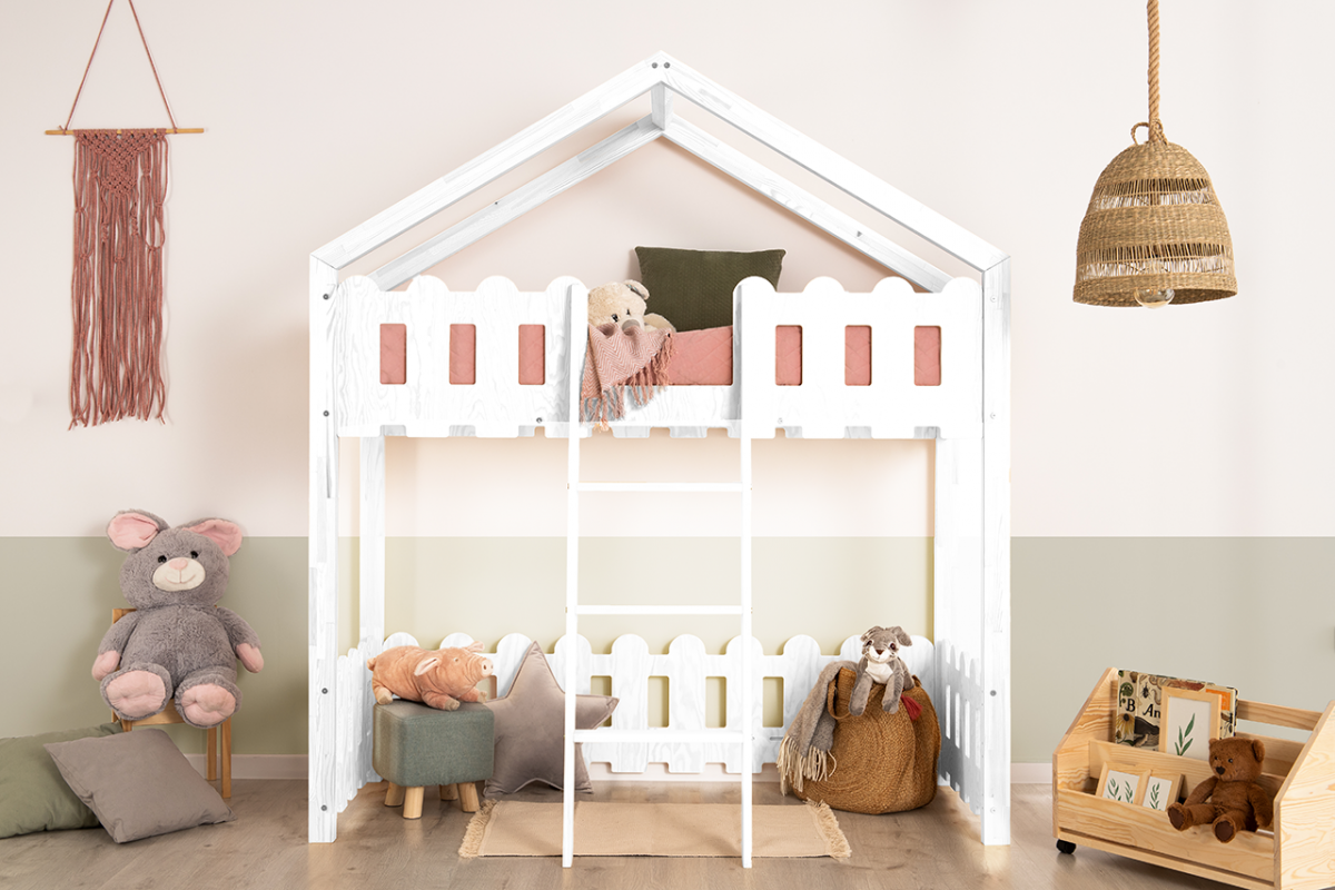 Lit mezzanine JOE en bois de pin cabane enfant blanc