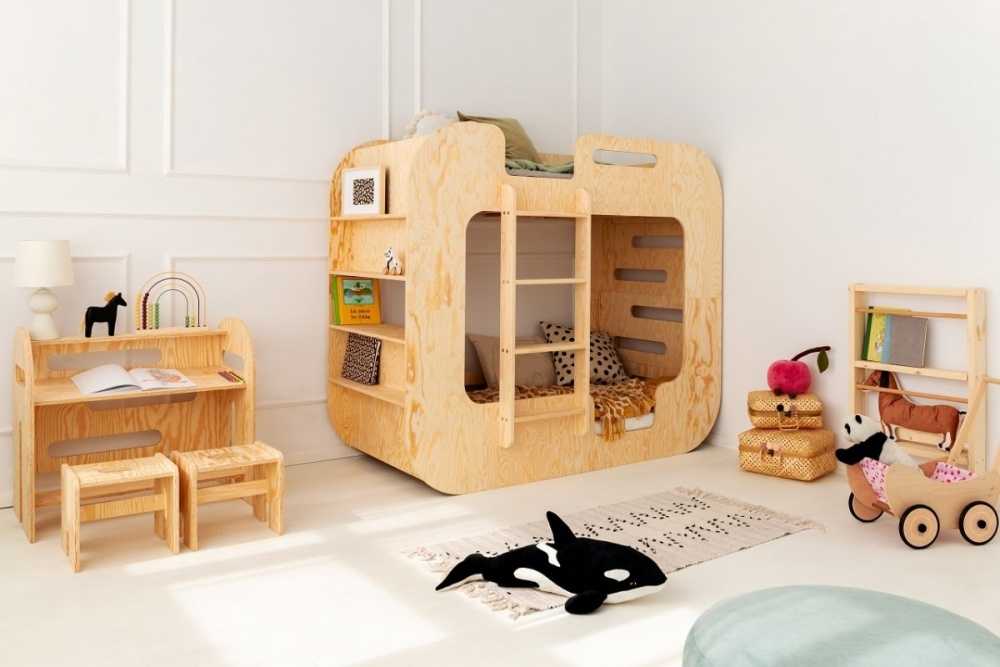 Lit superposé en bois avec étagères intégrées sur le côté VIKTOR Lit superposé en bois avec étagères intégrées sur le côté VIKTOR