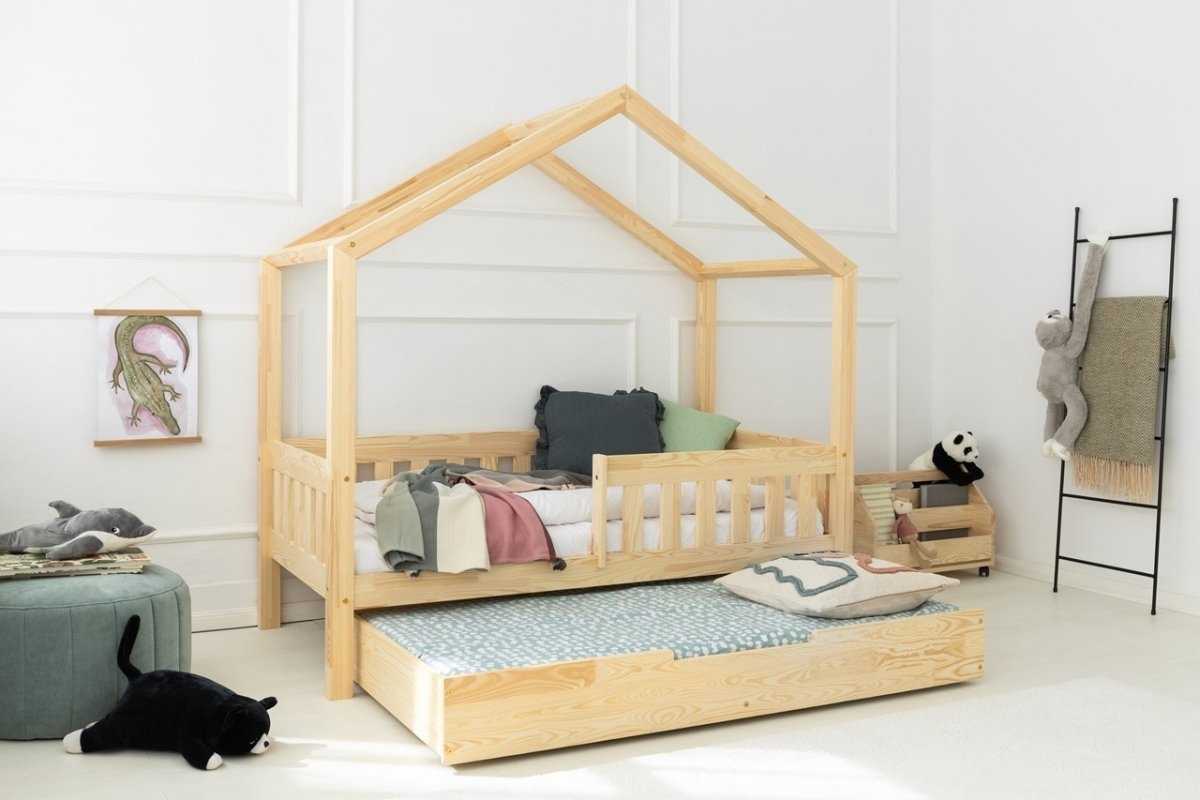 Lit cabane en bois enfant avec tiroir intégré ouvert ISAURE 90x190cm
