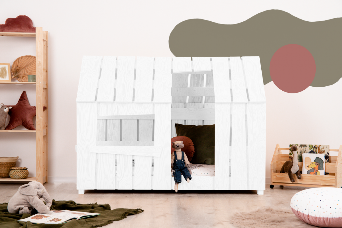 Lit cabane maison en bois blanc GABBY 80x190cm