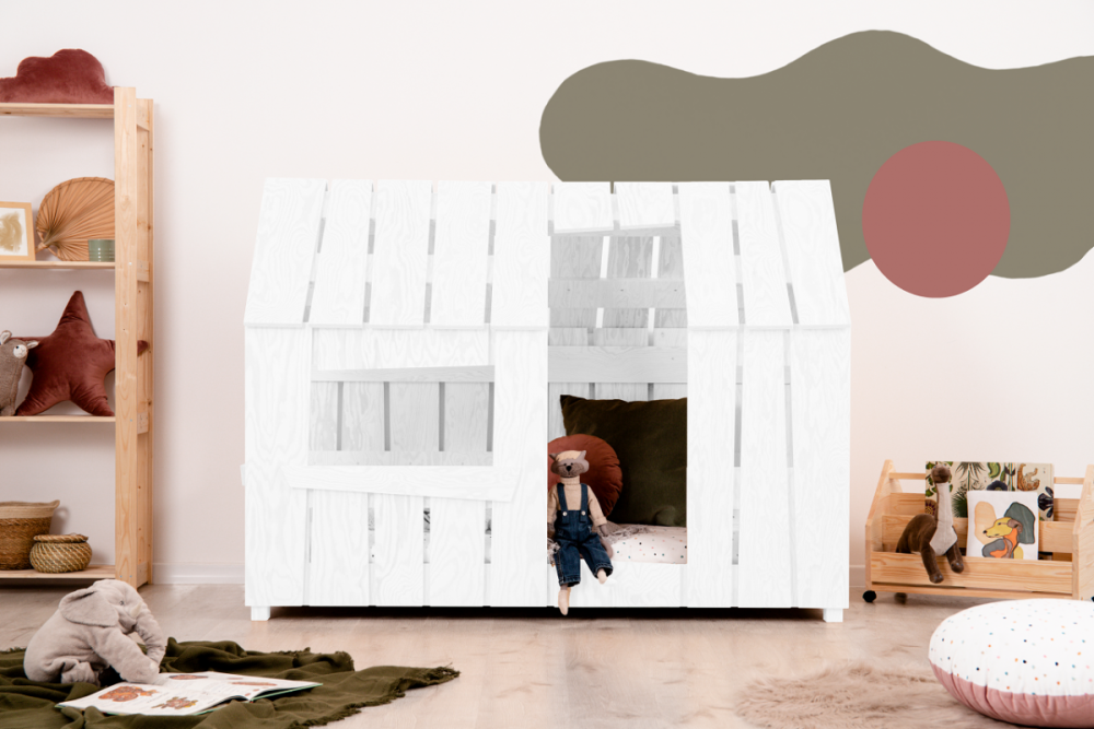 Lit cabane maison en bois blanc GABBY 80x190cm